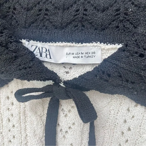 Zara Women’s  Short-Sleeve Collar Plain Contrast Trim Pointelle Knit Crop Size M - Picture 2 of 7